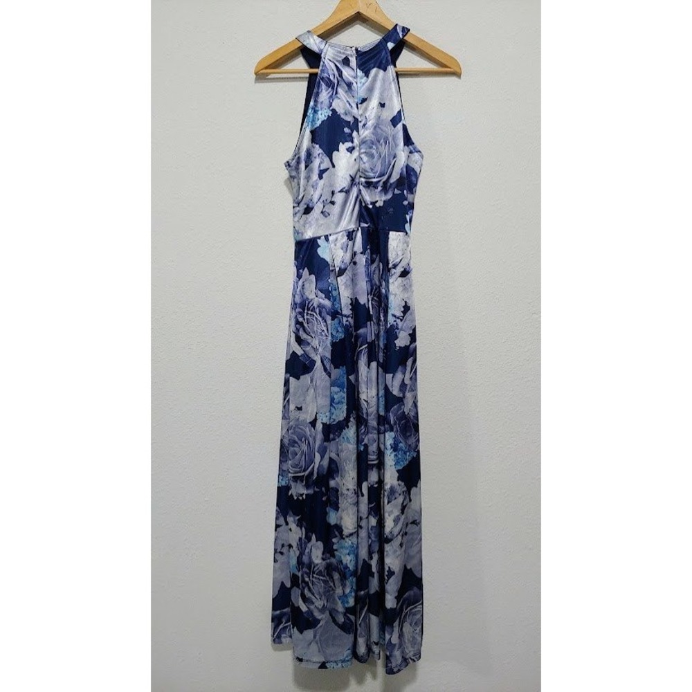 Womens Blue S Floral Pleated Sleeveless Formal Maxi Dress Elegant By Candalette - Picture 8 of 12
